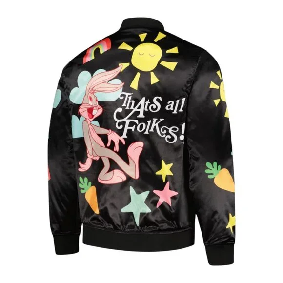 Looney Tunes Bugs Bunny Satin Snap Bomber Jacket Black Freeze Max Men's - Picture 3 of 3
